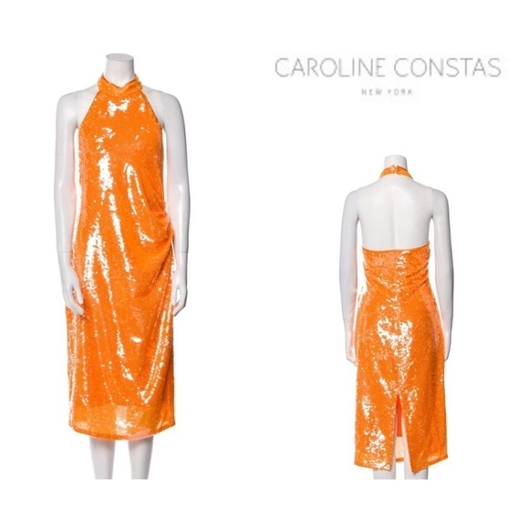 Caroline Constas orange sequin hater midi dress - size small - Picture 1 of 14